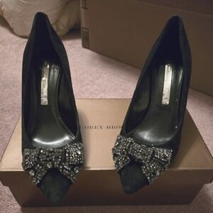 Audrey Brooke Black Suede Embellished Pointed Toe Heels